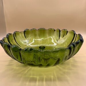 Vintage Green Indiana Glass Ruffled Edges Three Footed Heavy Salad Bowl